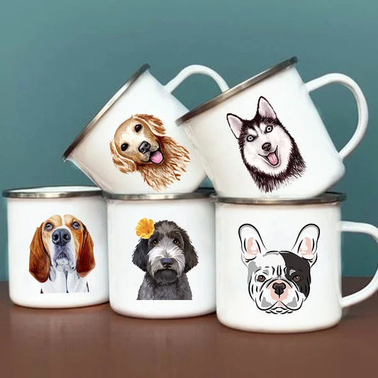 Cute Dog Printed Enamel Coffee Tea Mugs Office Home Party Beer Drink Cola Cups Funny Handle Camping Water Mug Best Friend Gifts