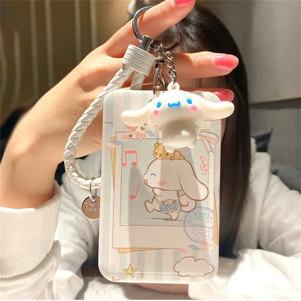 Kawaii Sanrio Cinnamoroll Keychain Cartoon Dog Sliding Card Holder Student Meal Bus Card Lady ID Card Credit  Holder