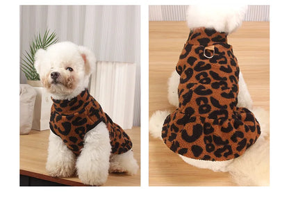 New Arrival Fleece Dog Dress Winter Leopard Print - Cute Princess Gown Outfit for Teddy Puppy Small Dogs Clothing