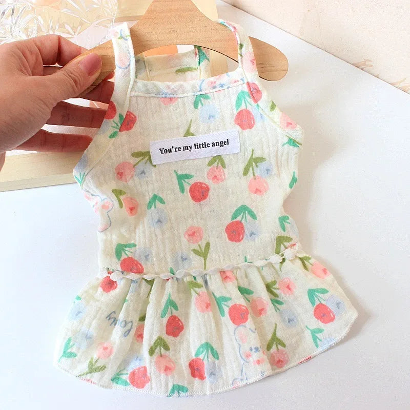 Cotton INS Cherry Pet Puppy Skirt Dog Clothes Small Dog Pomeranian Dresses Teddy Summer Floral Suspender Skirt Puppy Clothing