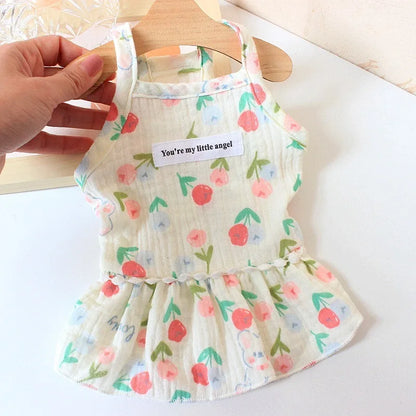 Cotton INS Cherry Pet Puppy Skirt Dog Clothes Small Dog Pomeranian Dresses Teddy Summer Floral Suspender Skirt Puppy Clothing