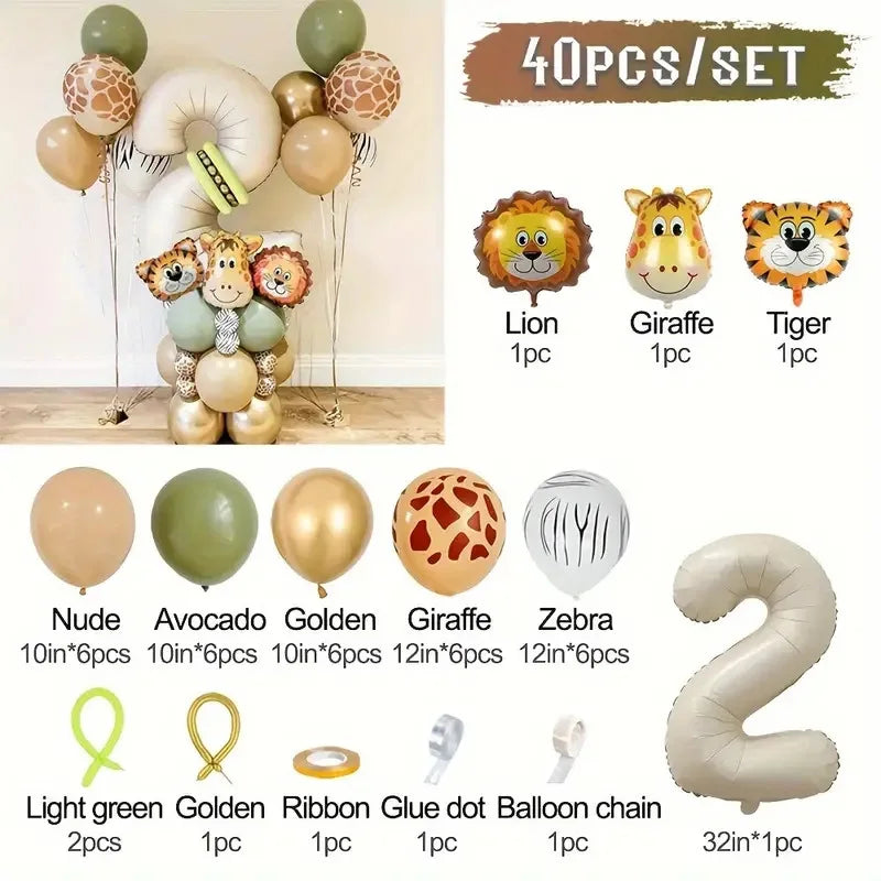 40 Pieces Jungle Retro Animal Balloons for Kids Birthday Number 12345 Gender Reveal Party Decoration Set Digital Birthday Ball