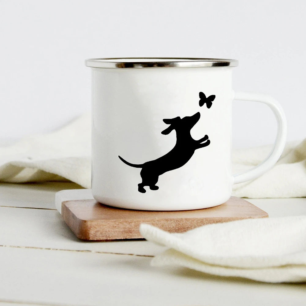Funny Dachshund Print Creative Enamel Mug Coffee Wine Mugs Cartoon Dogs Paw Party Drink Beer Juice Milk Cups Gifts for Lover Dog
