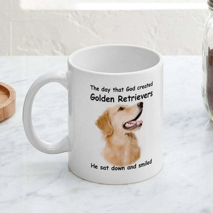1pc Golden Retriever 11oz White Ceramic Coffee Mug with C-Handle - "He Sat Down and Smiled" Humorous Dog Lover Quote, Durable &