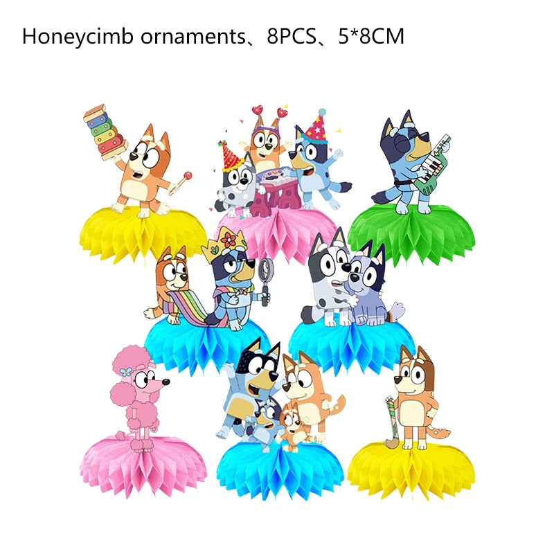 the CARTOON DOG BIRTHDAY - Blue Dog Theme Birthday Party, Cartoon Bluey Birthday Party Decoration Tablecloth Balloon Cake Stand Masks Tableware Kid Supplies