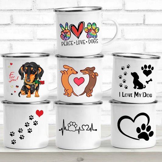Peace Love Dogs Print Creative Enamel Coffee Mugs Cartoon Dachshunds Dog Paw Party Beer Juice Milk Cups Friend Birthday Gifts