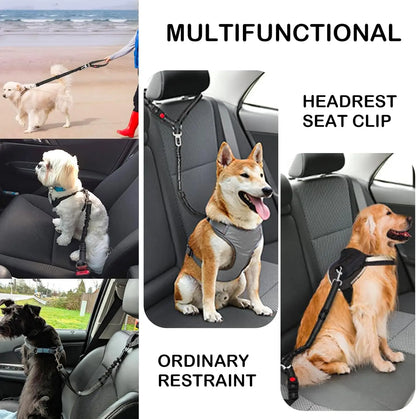the DOGGY SEAT BELT - Dog Seat Belt Harness for Car, Restraint Adjustable with Elastic Bungee Buffer Headrest for Vehicle, 360° Swivel Carabiner Nylon
