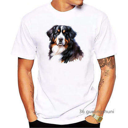 the BERNESE - Bernese Mountain Dog Animal Printed T-Shirt, Men's Clothing Funny White T-Shirt, Homme Summer Fashion T-Shirt