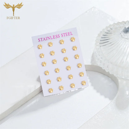 12 Pairs Women Girls Small Earrings 3D Animal Dog Bear Cat Paw Design Stud Earrings Set Golden Stainless Steel Jewelry Earrings