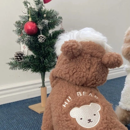 Cute Cartoon Bear Pattern Plush Dog Hoodie with Hat Zipper Cats Coat Jackets Warm Pet Clothes for Large Small Pet