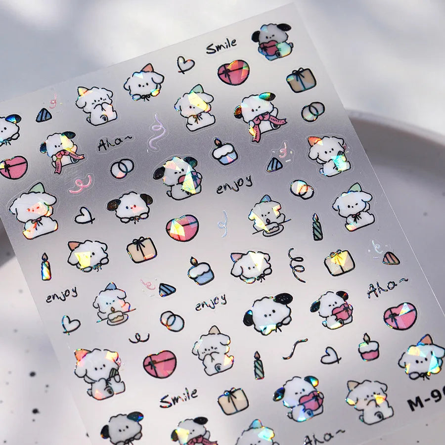 Colorful Balloon Cute Puppy Flower Cherry Bowknot Love Happy Dog Animal Self Adhesive Nail Art Sticker Decoration Manicure Decal