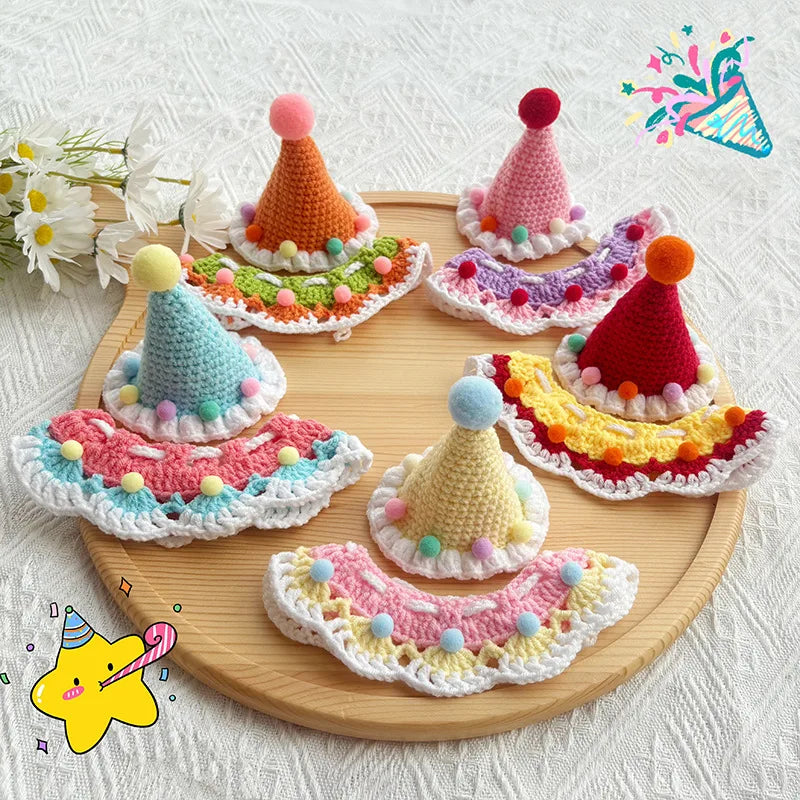 the CROCHET CANINE - Pet Dog/Cat Birthday Hat, Pet Party Dress Up, Photo Decoration, Dog Neck Cute Handmade Set, Dog Accessories for Small Dogs/Puppy