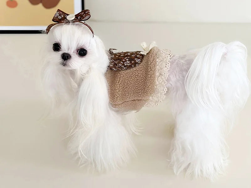 Pet Flower Plush Coat Dog Flower Cake Skirt Cute Dog Plush Hat Dog Clothes Winter Bear Flower Plush Thick Vest Coat Bottom Skirt