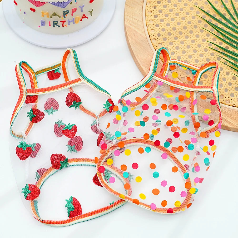 Pet Strap Sunscreen Vest Mesh Strawberries Dog Vests Dog Cat Clothing Supplies Thin Teddy Bear Colorful Dot Top Puppy Clothes