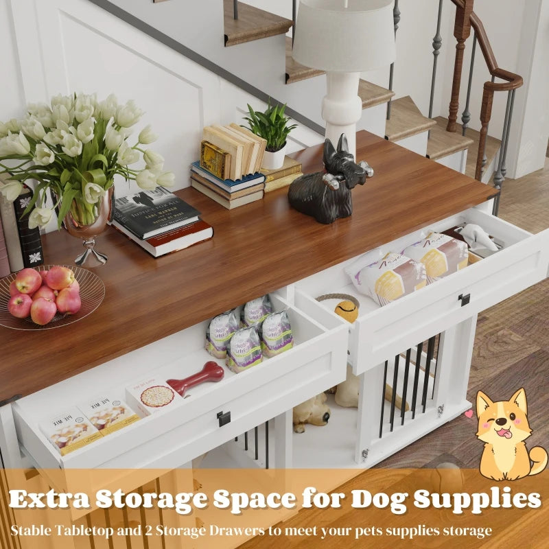 the DOG SPACE - 63 Inch Wooden Double Dog Crate with 2 Drawers and Sliding Door