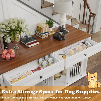 the DOG SPACE - 63 Inch Wooden Double Dog Crate with 2 Drawers and Sliding Door