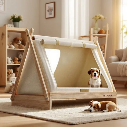 the POW-WOW PET BED - Wooden Oxford Cloth Dog Bed, Elevated Moisture-Proof Tent, Enclosed Safety House All-Season Dog Shelter with Frame Support