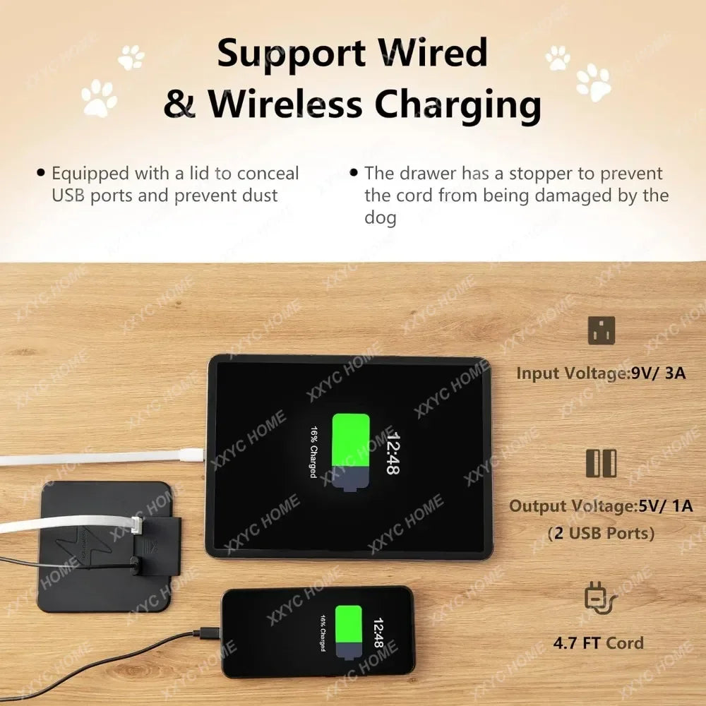 the DOGGY NIGHTSTAND - Dog Crate Furniture with Wireless Charging Function & USB Ports, Furniture Style Small Dog Crate, End Table with Drawer & Removable