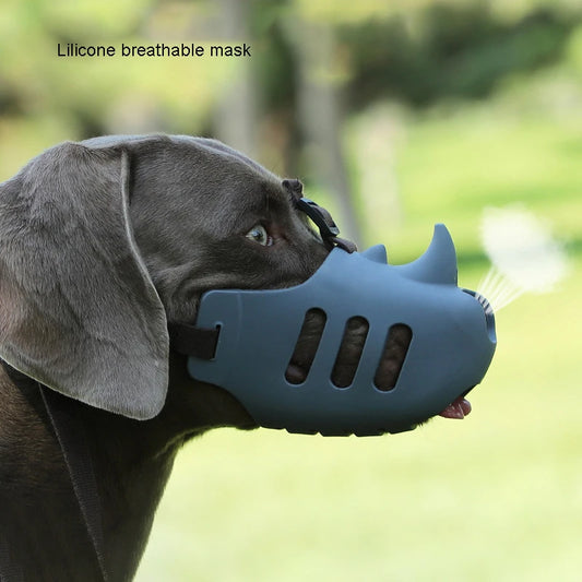 the RHINOSHIELD PET MUZZLE - Pet Dog Muzzle, Silicone Pet Muzzle, Anti-Biting, Barking, and Eating, Rhinoceros-Shaped Medium and Large Dog Muzzle