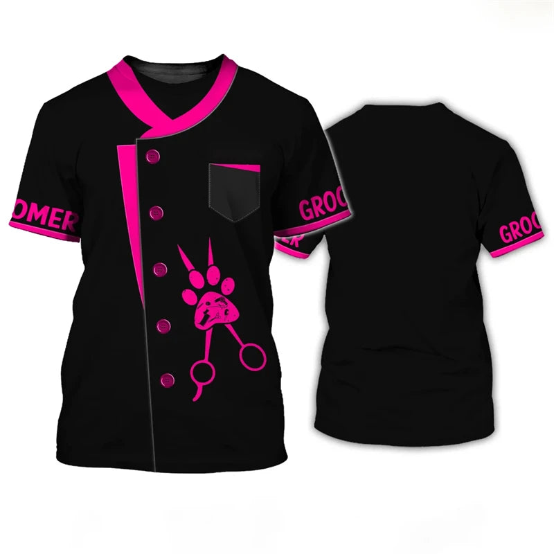 the PET GROOMER - Pet Groomer Shirt, Men's T-Shirts, Unisex Grooming Uniform Tops, Summer Fashion Short Sleeve Workwear Tees, O-Neck Oversized Clothes