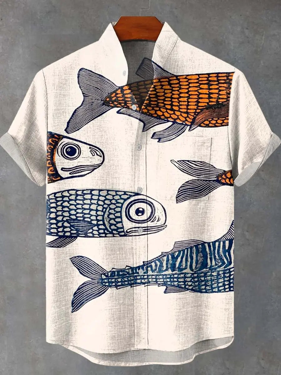 the CLIFFORD - Men's Short Sleeve Linen Shirt, 3D Fish Print Pocket Short Sleeve Shirt, Fashion Button Men's Shirt