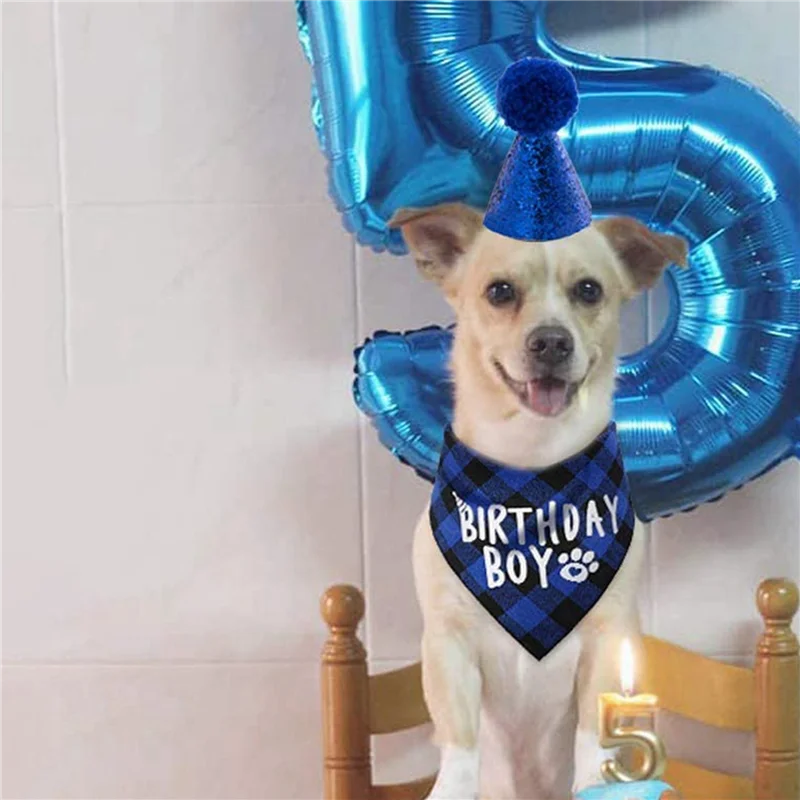 A85M 2X Dog Birthday Party Supplies,Pet Birthday Hat And Boy Doggy Birthday Bandana Set