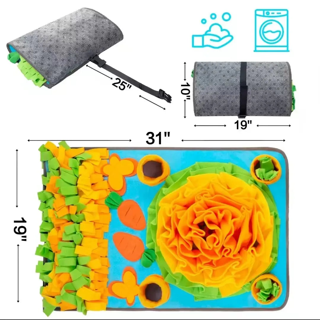 the SNIFFLE MAT - Interactive Dog Snuffle Mat for Small/Medium Dogs, Soft Durable Fleece with Squeaky Toy, Slow Feeding Anti-Anxiety, Machine Wash