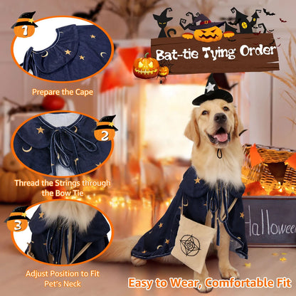Deluxe Dog Halloween Outfit with Attached Treat Pocket Cape and Matching Hat for small middle Large Breeds