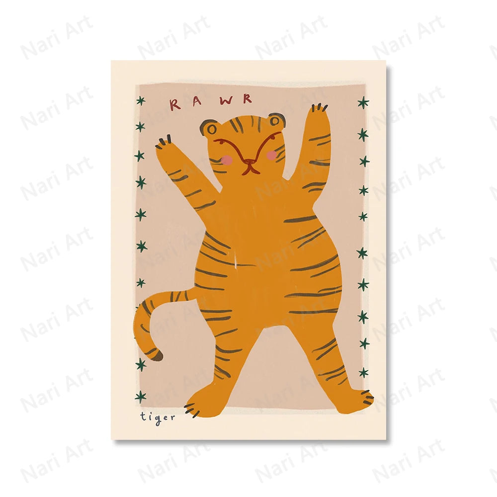 Funny Animals Tiger Bonjour Dog Bunny Skateboard Posters Prints Wall Art Canvas Painting Nursery Pictures for Kids  Room Decor