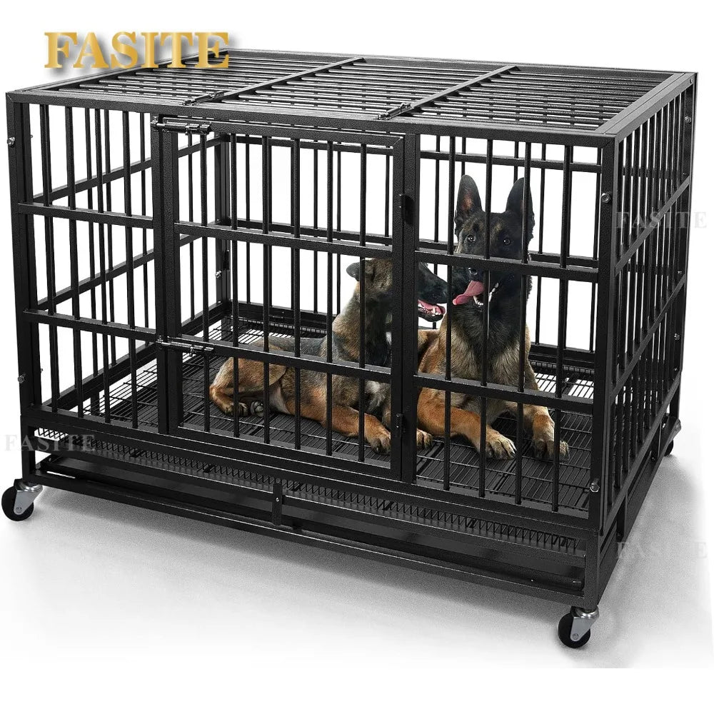 the IRON MAIDEN DOG CRATE - 48/38 Inch Heavy Duty Dog Crate, Cage Kennel with Wheels, High Anxiety Indestructible, Sturdy Locks Design, Door and Removable