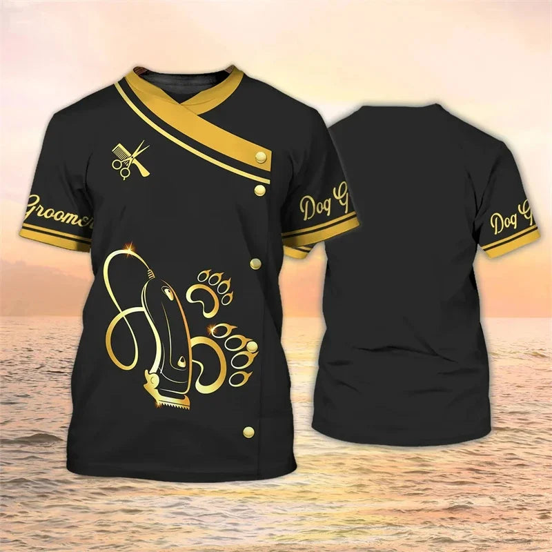 the DOG BARBER - 3D Print Puppy Groomer T-Shirt for Men, Scissors Pattern Tee, Fashion Summer O-Neck Women Oversized Short Sleeve T-Shirts