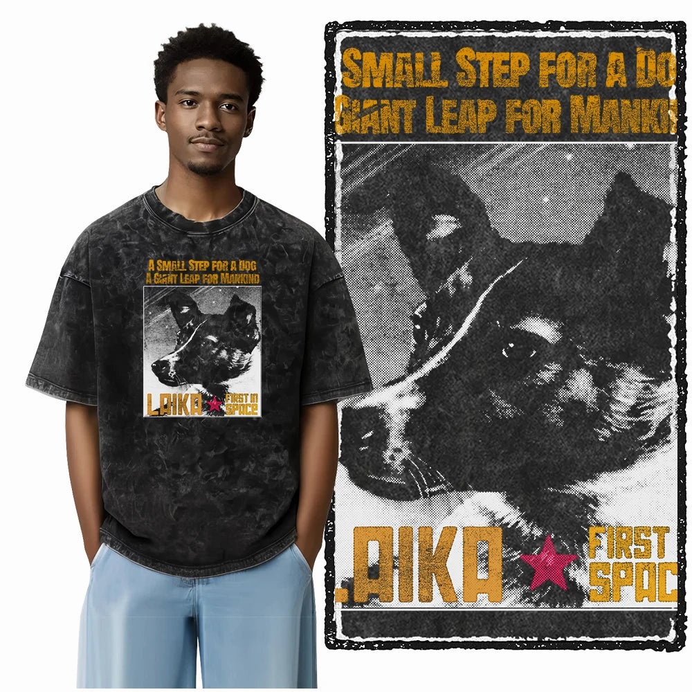 the SPACE TRAILBLAZER - DCA Laika Dog Printed Acid Washed Cotton Streetwear Exclusive Graphic Unisex T-Shirt, Cool Vintage Men T-Shirts