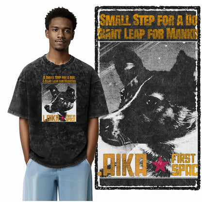the SPACE TRAILBLAZER - DCA Laika Dog Printed Acid Washed Cotton Streetwear Exclusive Graphic Unisex T-Shirt, Cool Vintage Men T-Shirts