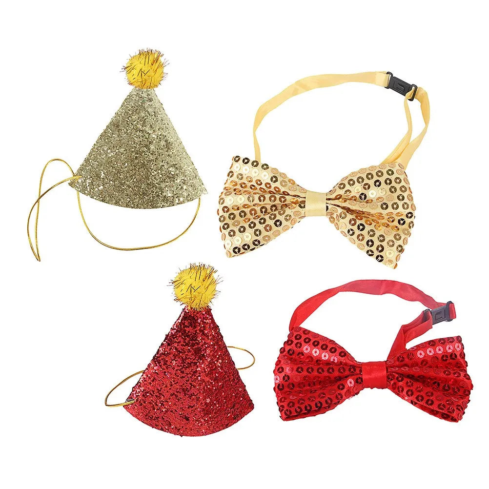 the GOLD/RUBY BIRTHDAY DOG - 4PCS Pet Birthday Hat, Bow Tie Set for Small/Medium Dogs & Cats, Shiny Sequins Party Accessories, Pet Dog Birthday Hat Set