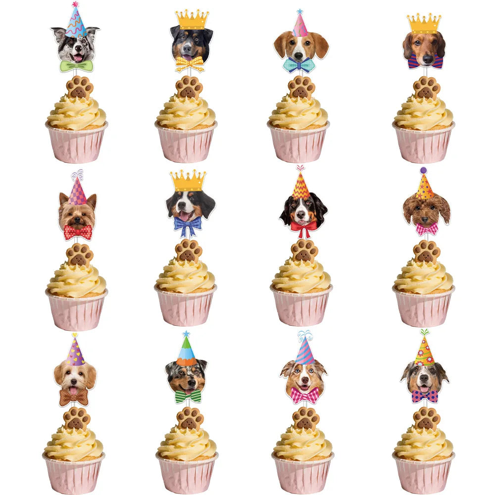 12pc Tie Dog Cake Topper Happy Birthday Crown Wedding Baby Shower Animal Cupcake Topper Dessert Decoration Party Baking Supplies
