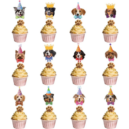 12pc Tie Dog Cake Topper Happy Birthday Crown Wedding Baby Shower Animal Cupcake Topper Dessert Decoration Party Baking Supplies