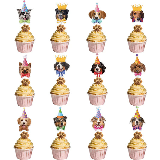12pc Tie Dog Cake Topper Happy Birthday Crown Wedding Baby Shower Animal Cupcake Topper Dessert Decoration Party Baking Supplies