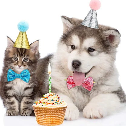 2Pcs/set Pet Dogs Caps With Bowknot Cat Dog Birthday Costume Sequin Design Headwear Cap Hat Christmas Party Pets Accessories