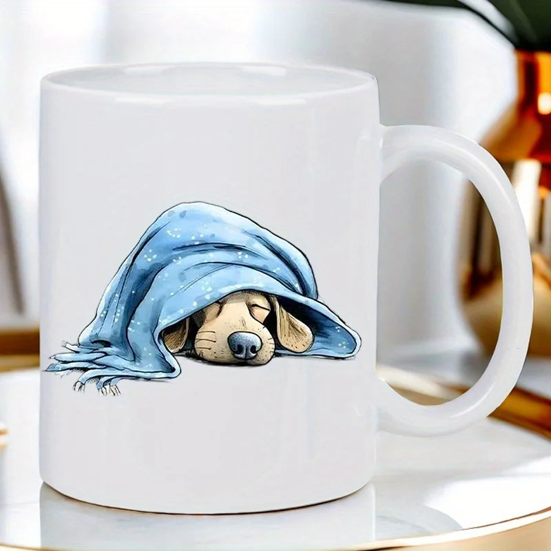 Cozy Blue Hoodie Puppy Ceramic Mug - White with Blue Hooded Dog Design, Perfect for Coffee Lovers, Hand Wash Only, Reusable, Cof