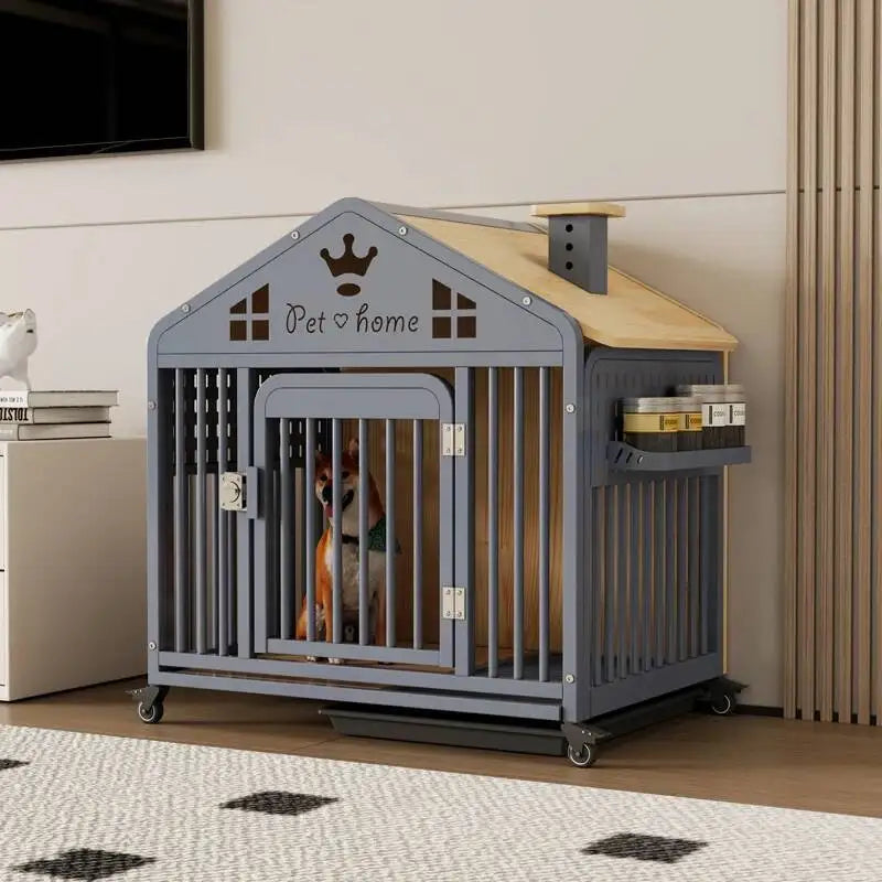 the DOG VILLA - Multi-Functional Solid Wood Steel Frame Pet Dog Villa, Small/Medium-Sized Dog Cage, Indoor Outdoor Dog Cage, Dog Bed with Toilet