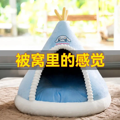 Kawaii Sanrio Cinnamoroll Dog Beds Cute Cat Mats Kennel Winter Warm Enclosed Safe House Removable Washable Sleeping Mat