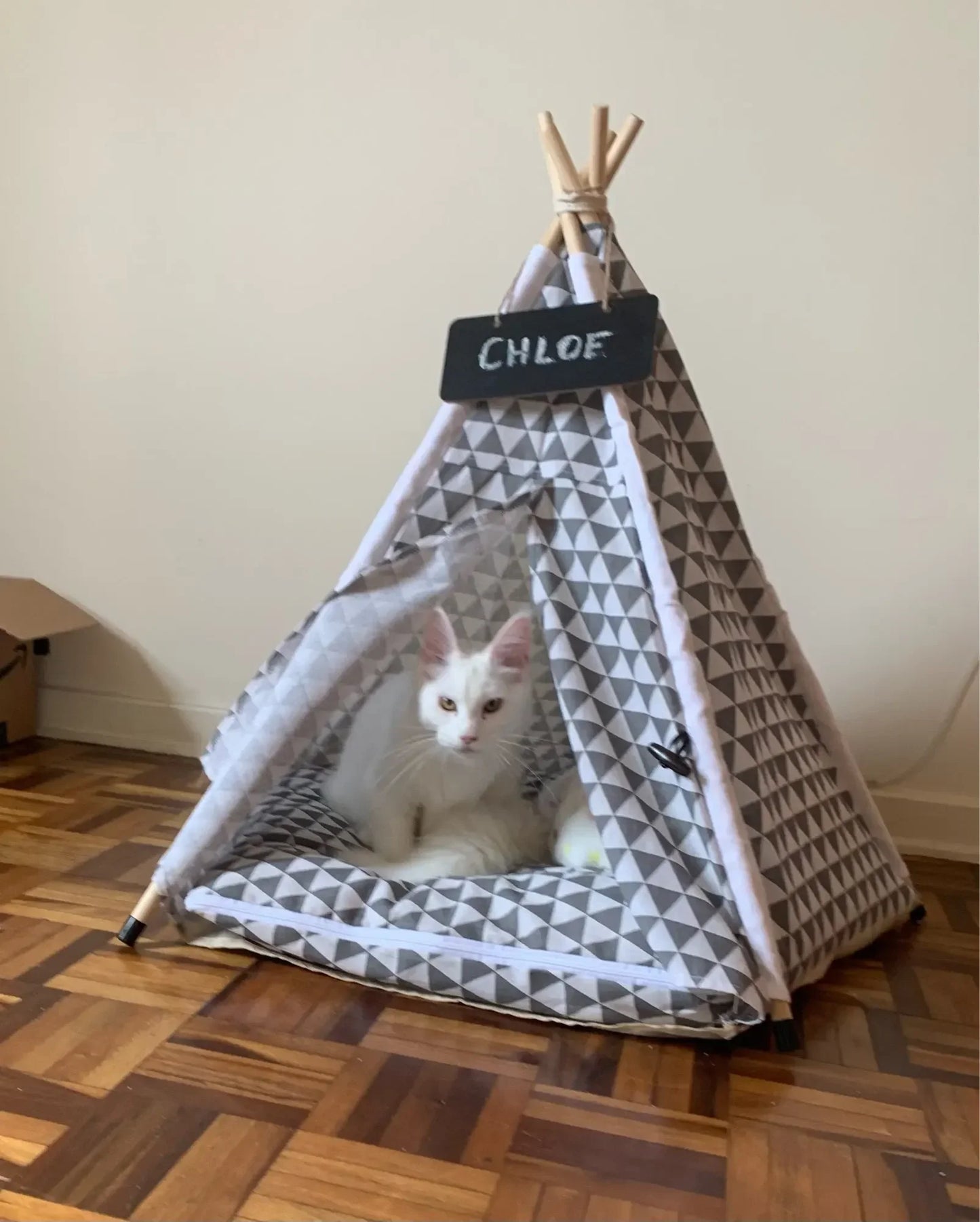 the TINY TEE-PEE - Pet Tent Dog/Cat Nest, Washable Doghouse Cat Tent, Semi Enclosed Insulated Cat/Doghouse, Foldable Dog/Cat Villa with Cushion and Blackboard
