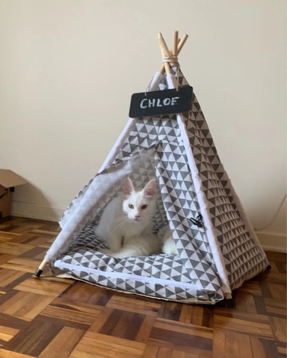the TINY TEE-PEE - Pet Tent Dog/Cat Nest, Washable Doghouse Cat Tent, Semi Enclosed Insulated Cat/Doghouse, Foldable Dog/Cat Villa with Cushion and Blackboard