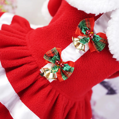 Dog Christmas Dress Doll Collar Thickening Comfortable Warm Cute Puppy Holiday Dress Costume with Bell for Party Cosplay
