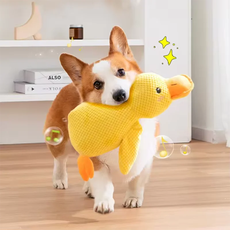 Hot dog sleeping with duck toys to relieve boredom of little yellow duck pet puppy interactive plush doll hug duck