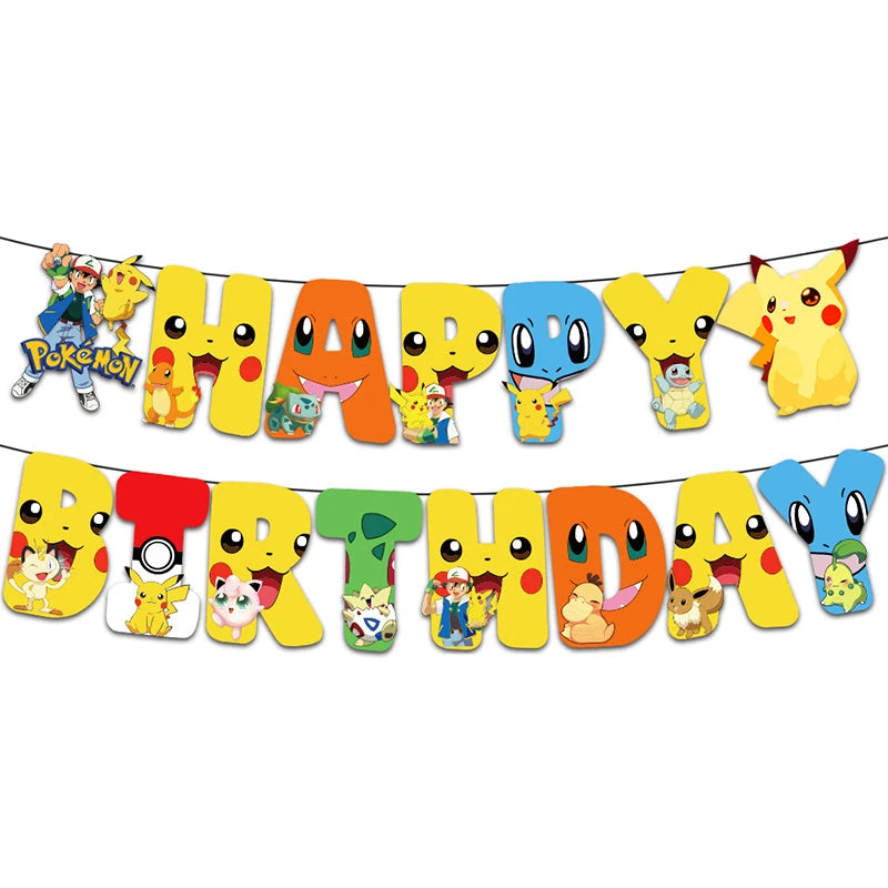 Pikachu Birthday Pokemon Party Decorations Pikachu Foil Balloons Disposable Tableware Plate Napkin Banner For Boy Party Supplies