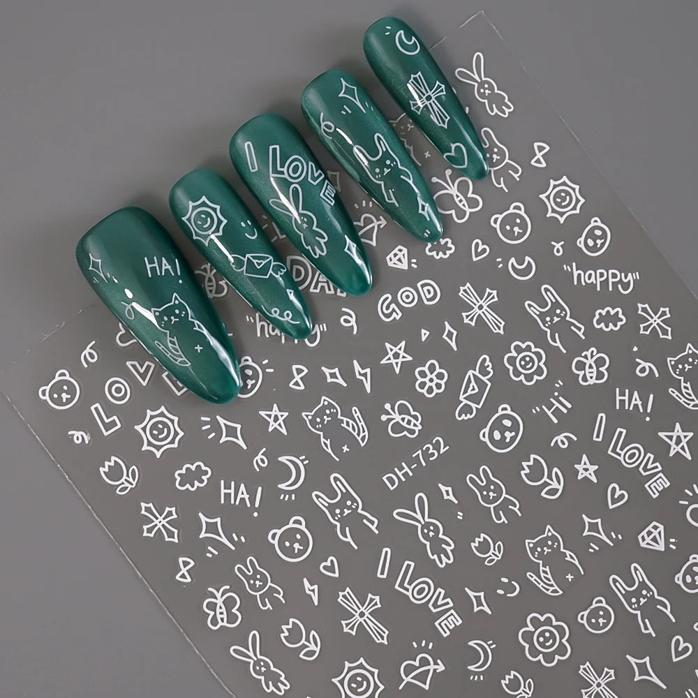 3D Flat Cute Cartoon Nail Stickers Doodle Cat Dog Heart Star Flower Nail Art Stickers Women DIY Manicure Decoration Decals