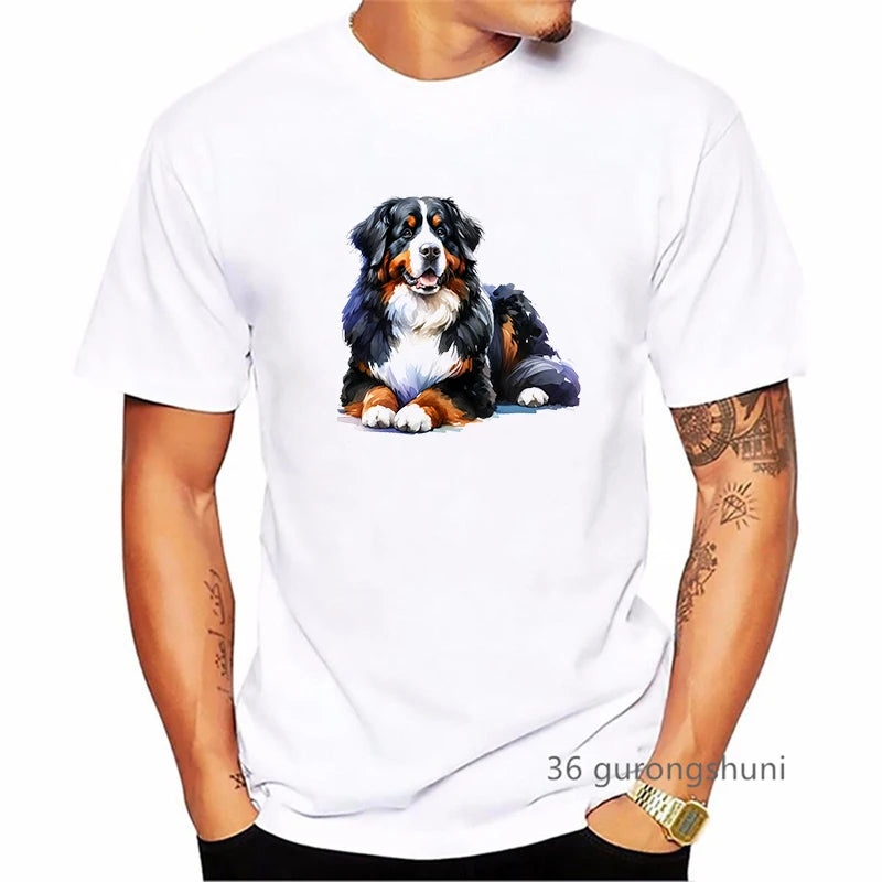 the BERNESE - Bernese Mountain Dog Animal Printed T-Shirt, Men's Clothing Funny White T-Shirt, Homme Summer Fashion T-Shirt