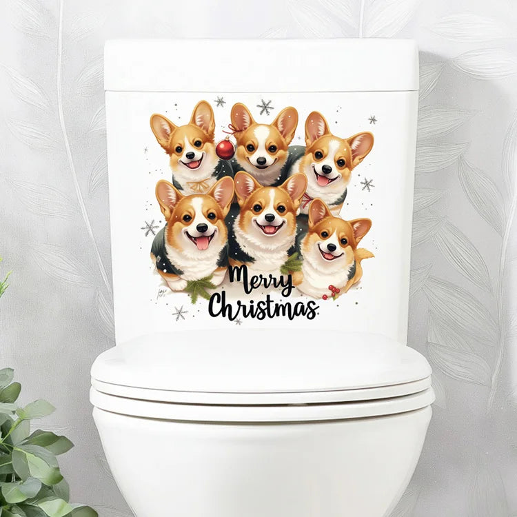 Cute Playful Little Dogs Wall Sticker Merry Christmas Bathroom Toilet Decoration Mural Cabinet Home Decor Self-adhesive Decals