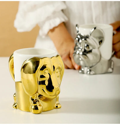 1pc Creative Stereo Dog Coffee Cup Cartoon Animal Tea Cup Gold Plated Silver Dog Ceramic Mug Couple Gift Oatmeal Mug Home Decor